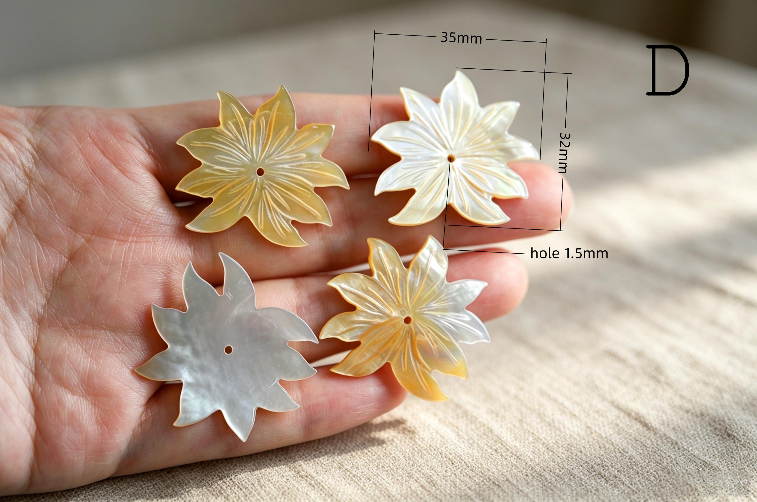10pcs White Mother of Pearl Carved Flowers 35-43mm, Unique Large Shell Flowers (BK-019)